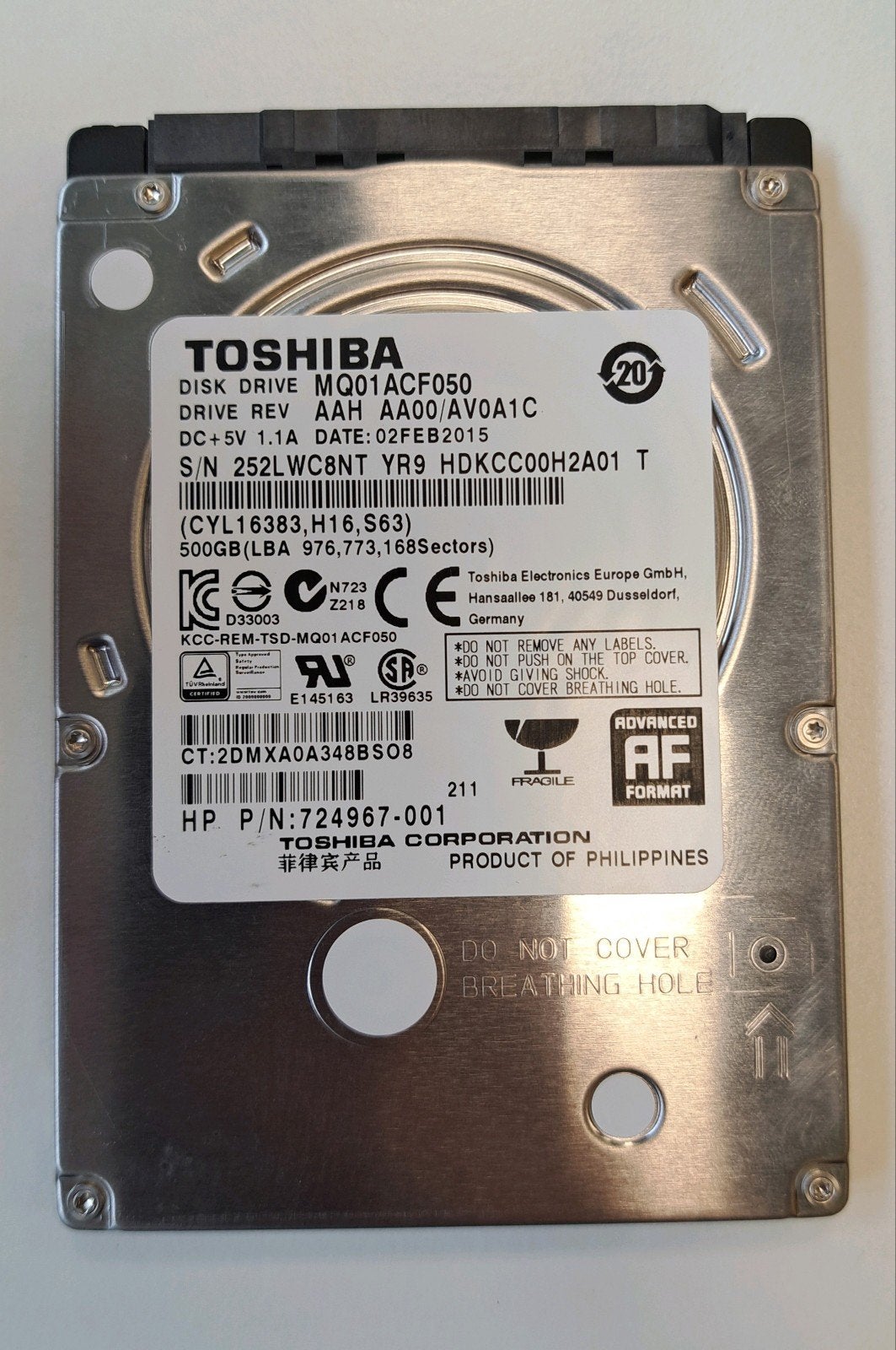 Toshiba HDD 500GB - niet initialiseerbaar, Computers en Software, Intern, Toshiba, Ophalen of Verzenden, Niet werkend