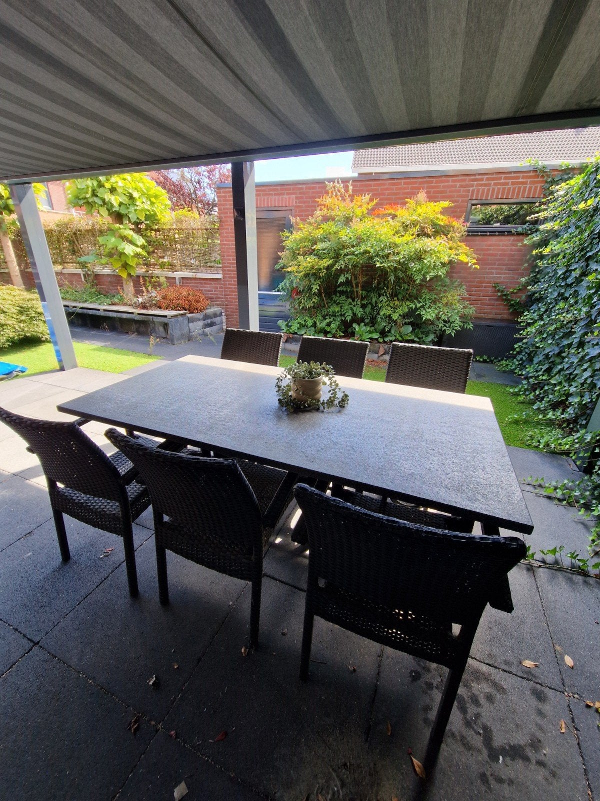 Tuinset: Rechthoekige granieten tafel met 6 stoelen, Tuin en Terras, Ophalen, Gebruikt, Rechthoekig