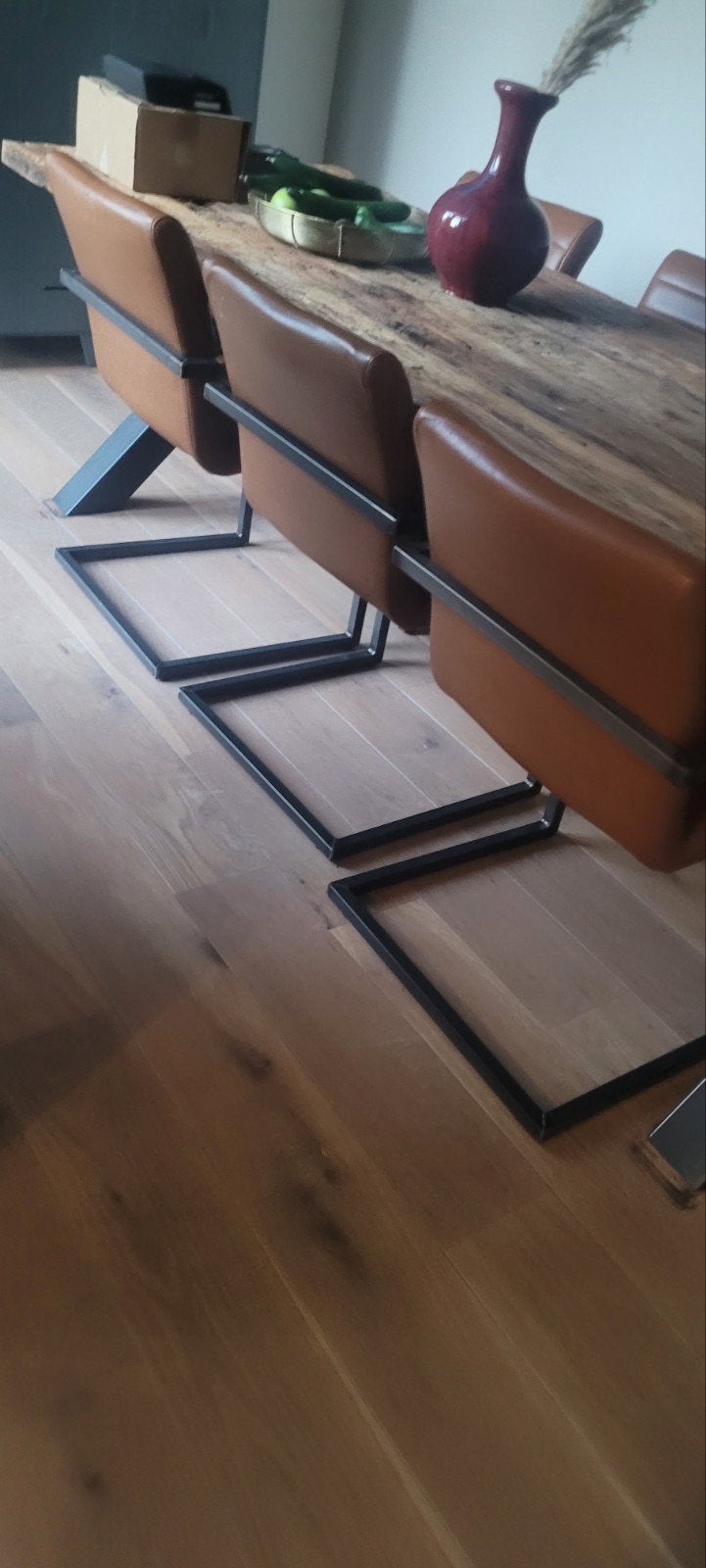 Set van 6 bruine leren eetkamerstoelen met metalen frame, Ophalen, Gebruikt, Bruin, Vier