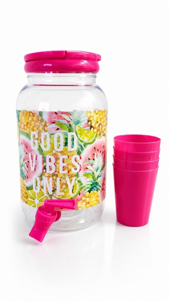 Limonade dispenser met kraantje en bekers - Good Vibes Only, Overige typen, Kunststof, Nieuw, Ophalen of Verzenden