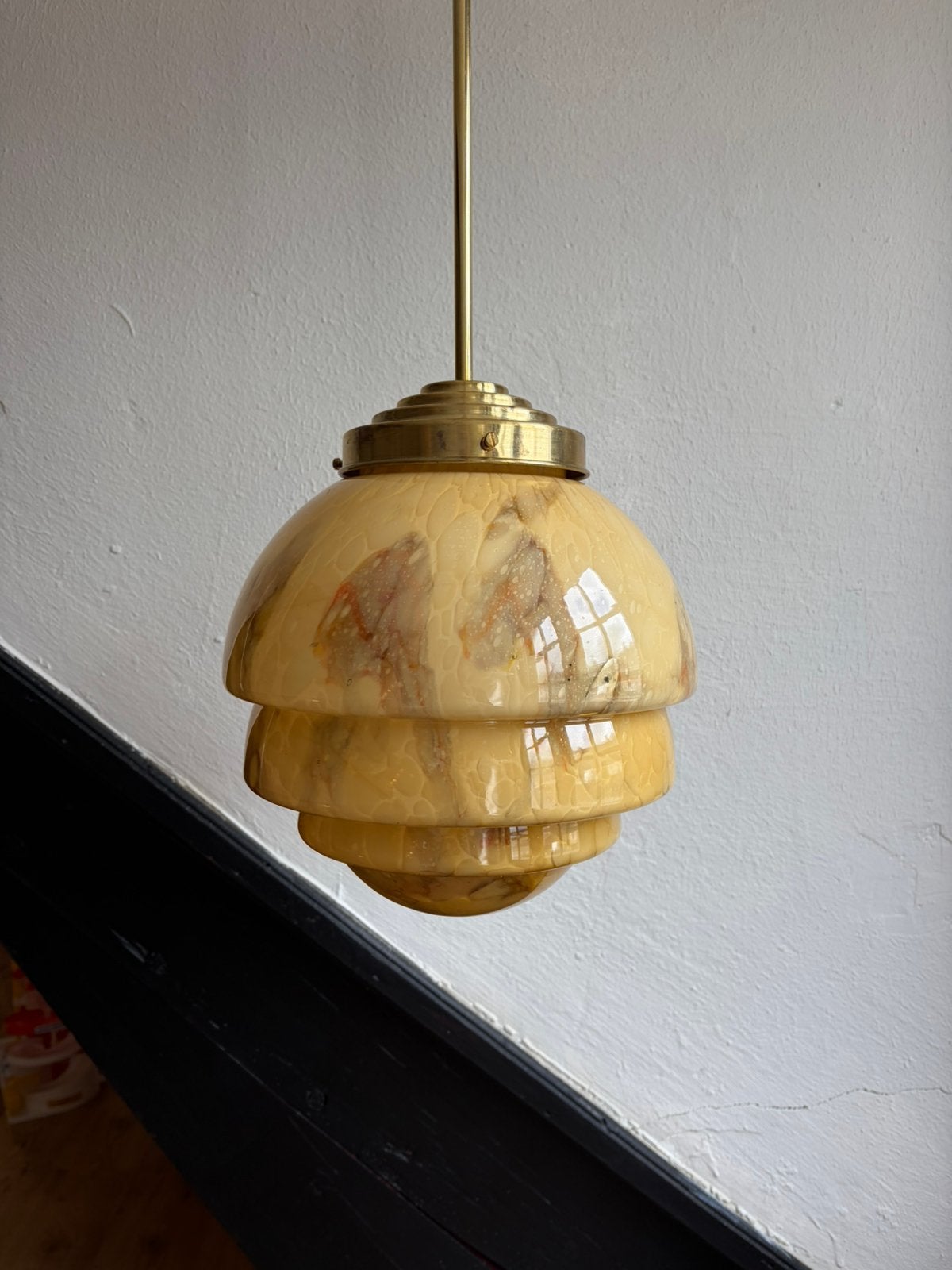 Vintage geel marmer art deco glazen hanglamp gewolkt glas, Ophalen of Verzenden, Zo goed als nieuw, Glas
