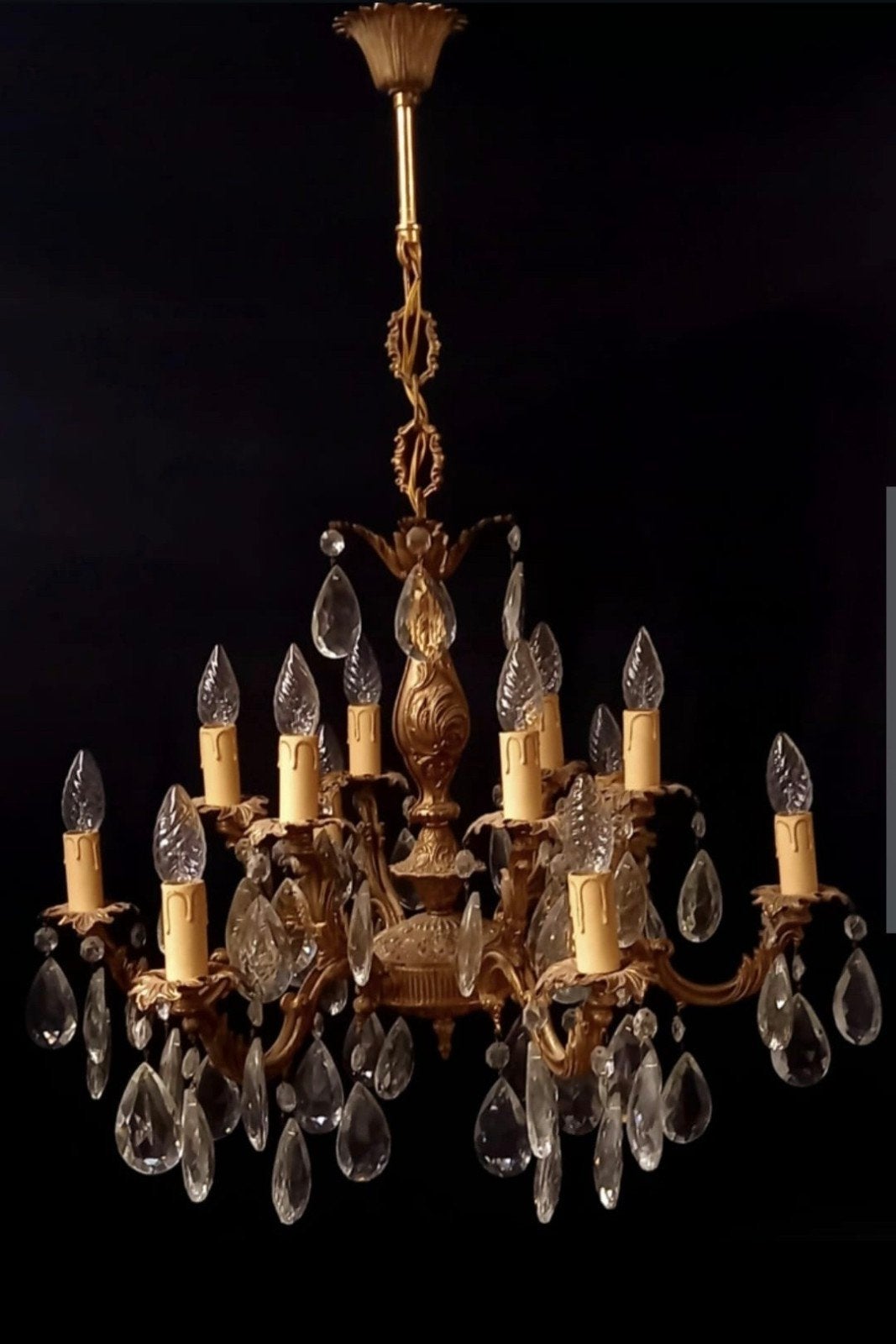 Franse antieke messing kroonluchter 12 lamps, Ophalen of Verzenden, Gebruikt, Glas, E14 (klein)