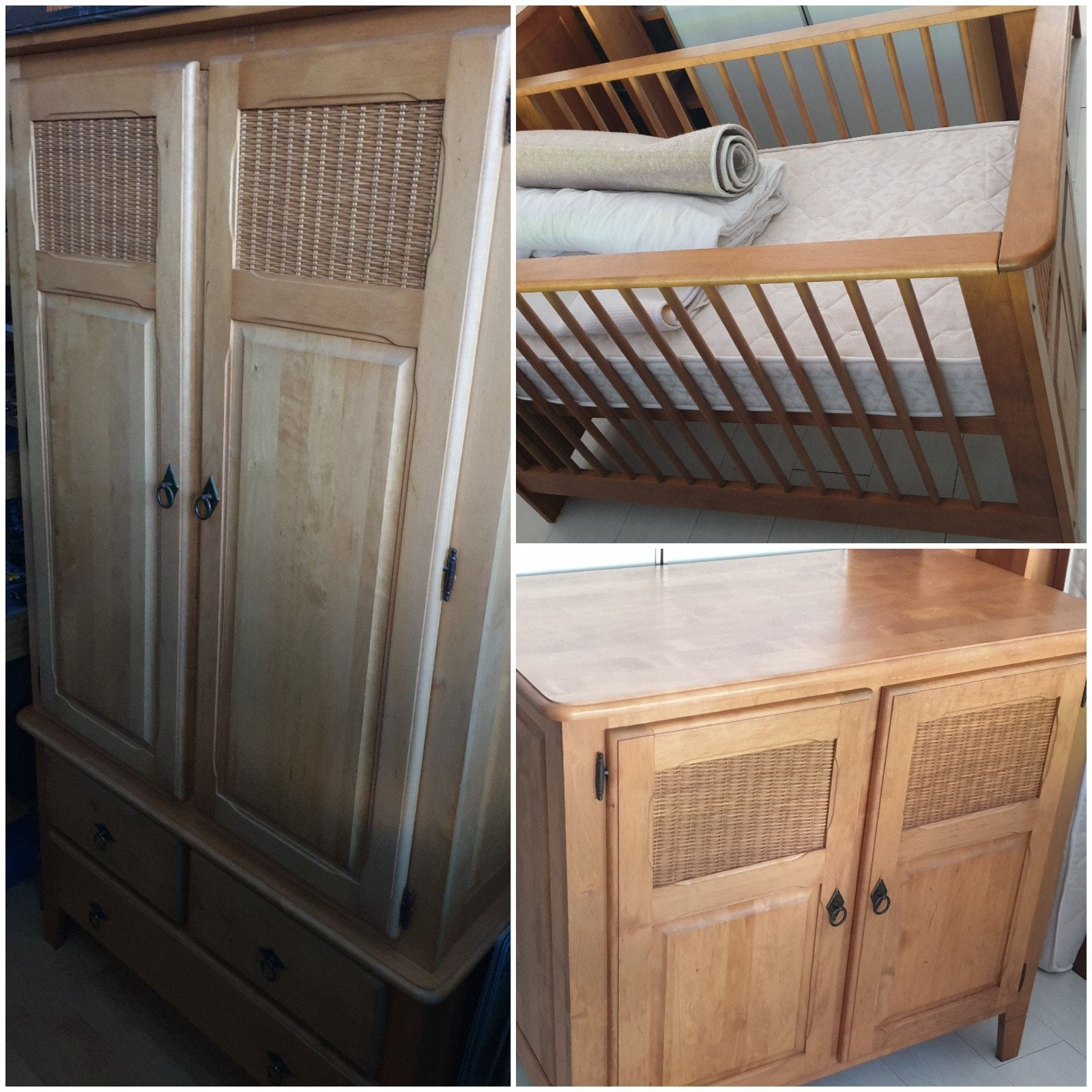 Houten kledingkast, dressoir en ledikant met rieten details, Gebruikt, 70 tot 85 cm, 140 tot 160 cm, Ophalen