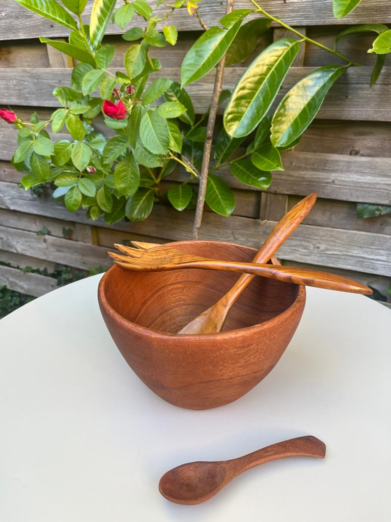 Vintage Houten Jaren '70 Saladekom met Bestek, Ophalen of Verzenden