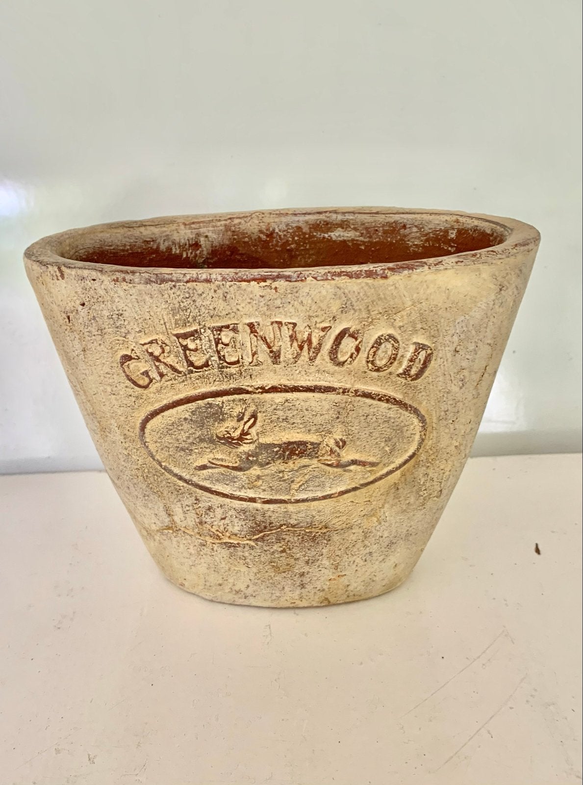 Decoratieve Bloempot 'Greenwood' met Haas Reliëf, Binnen, Ophalen of Verzenden, Zo goed als nieuw, Overige vormen