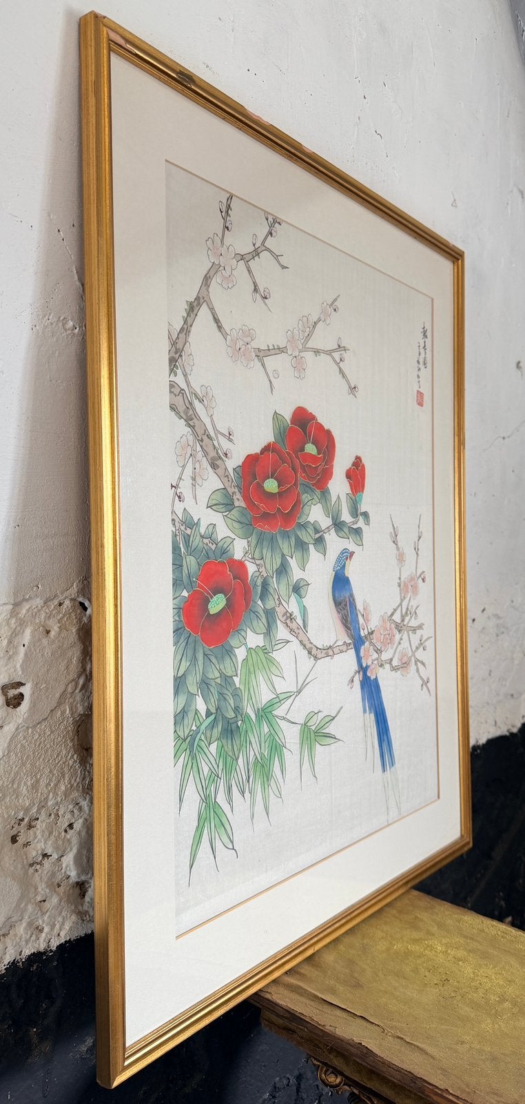 Vintage mid century Chinese schildering zijde vogel bloesem, Antiek en Kunst, Kunst | Niet-Westerse kunst, China, Ophalen, Schilderij