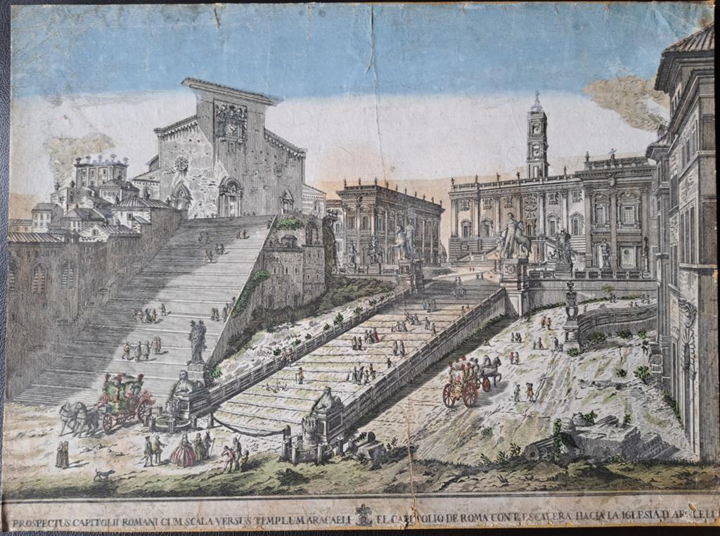 Prachtige handgekleurde 19e eeuwse gravure Capitool-Rome, Antiek en Kunst, Stadsgezicht, Ophalen of Verzenden, Gravure, Handgekleurd