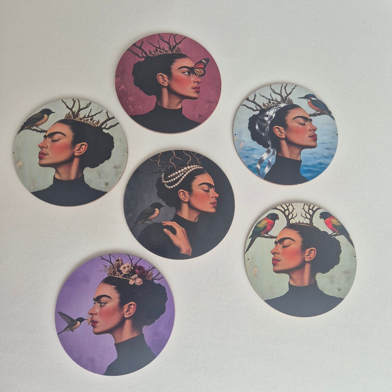 Nieuwe onderzetters Frida Kahlo - Set van 6, Hout, Glasonderzetter, Ophalen of Verzenden, Meerkleurig
