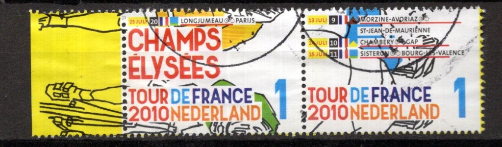 gestempelde zegel. Jaar 2010: paartje tour de france met tab, Ophalen of Verzenden, Na 1940, Gestempeld