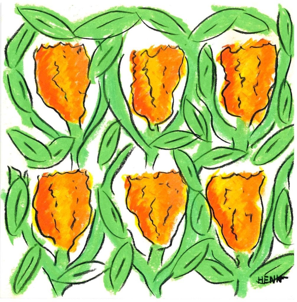 Orig * Pastel * Henk de Bouter 6 tulpen /groene blaadjes II, Antiek en Kunst, Ophalen of Verzenden