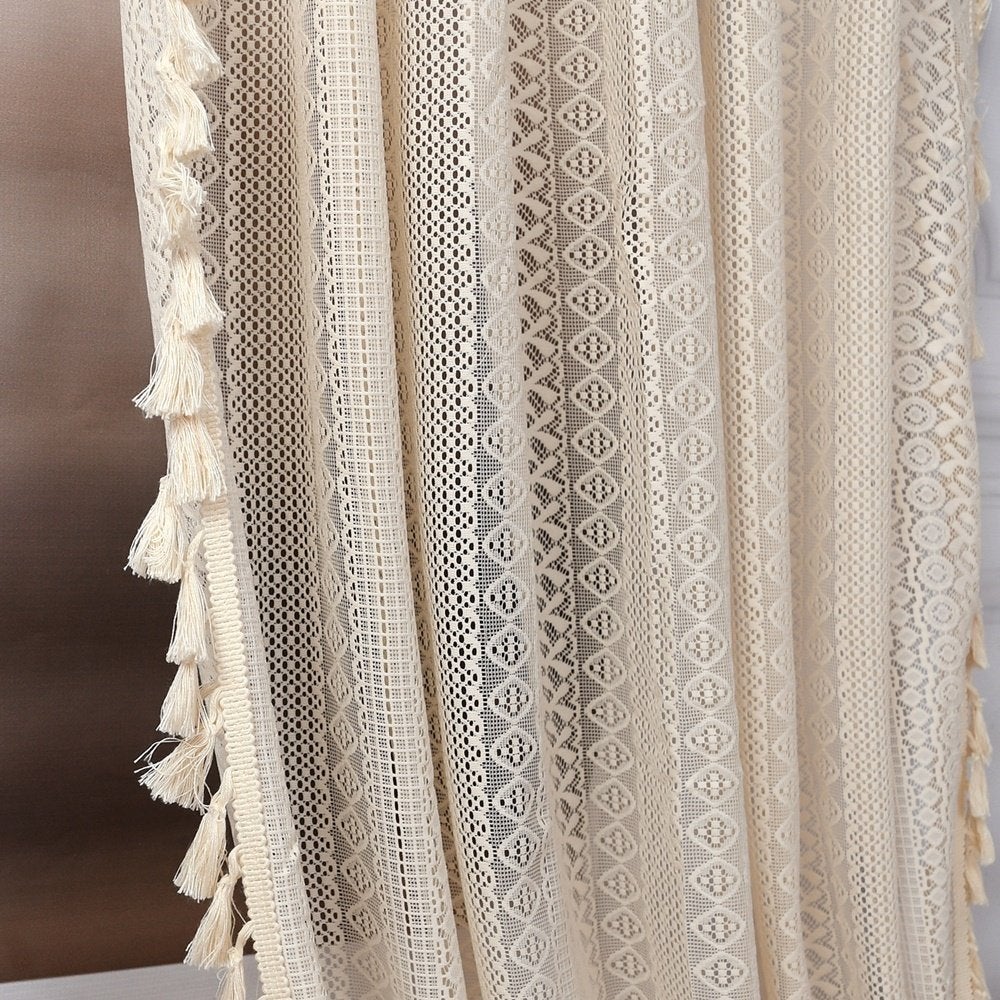 Kantgordijnen Boho met Franjes – Set van 2 - 145x250 cm, Vitrage, Ophalen of Verzenden, Lichtdoorlatend, Polyester
