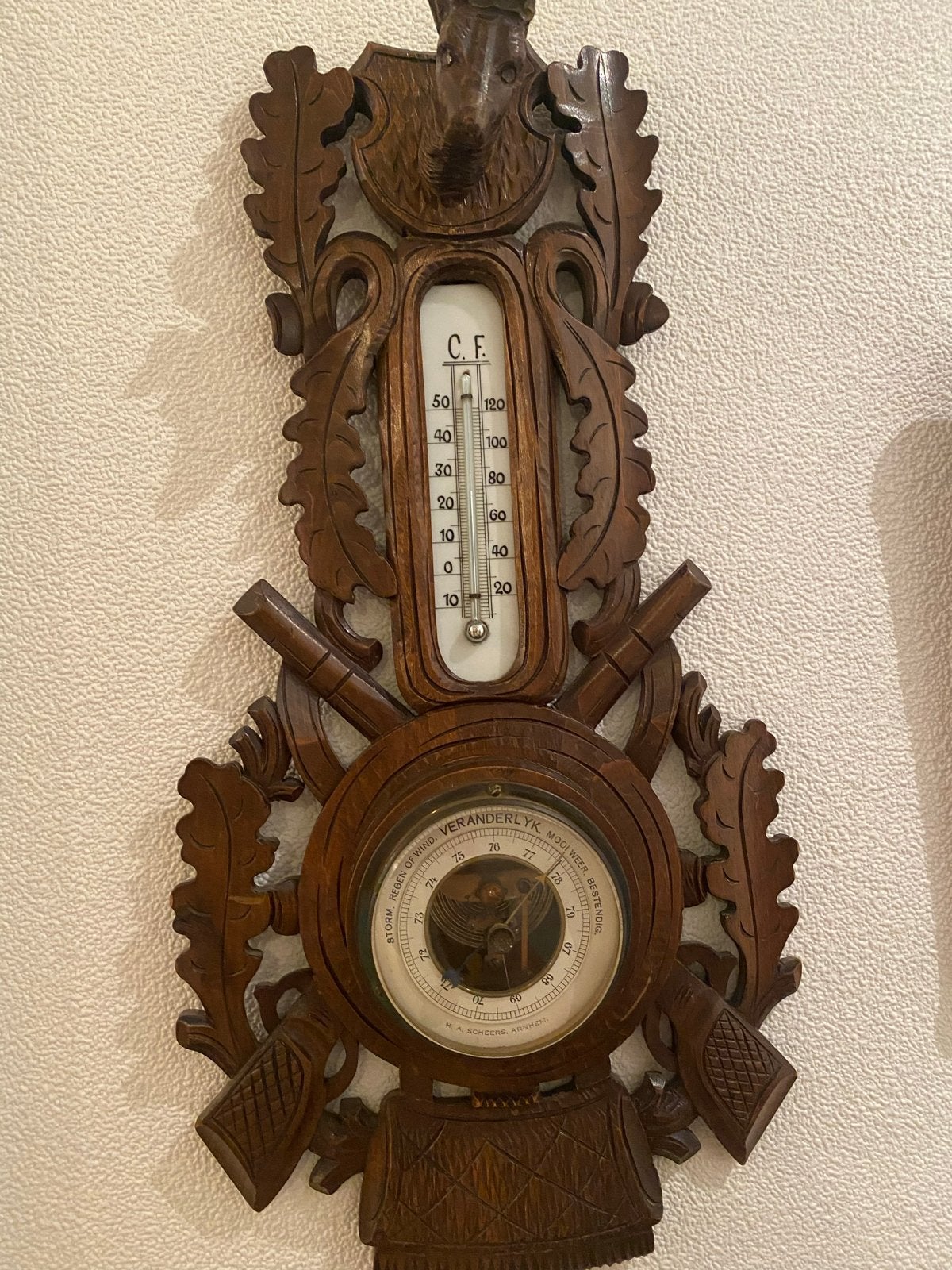 Antieke Barometer/Weerstation - Houtsnijwerk Jachttafereel, Ophalen of Verzenden, Gebruikt, Weerstation