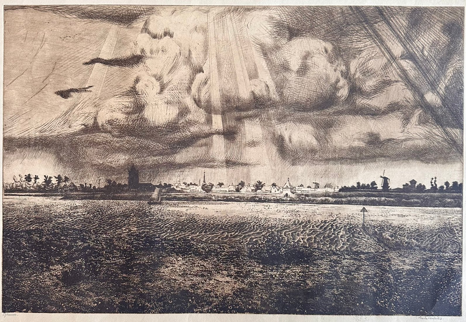Gorcum.Ets, Arend Hendriks, op v.Gelder, 37 x 54,5 cm, Landschap, Blanco verso, 1950 - 1999, Verzenden