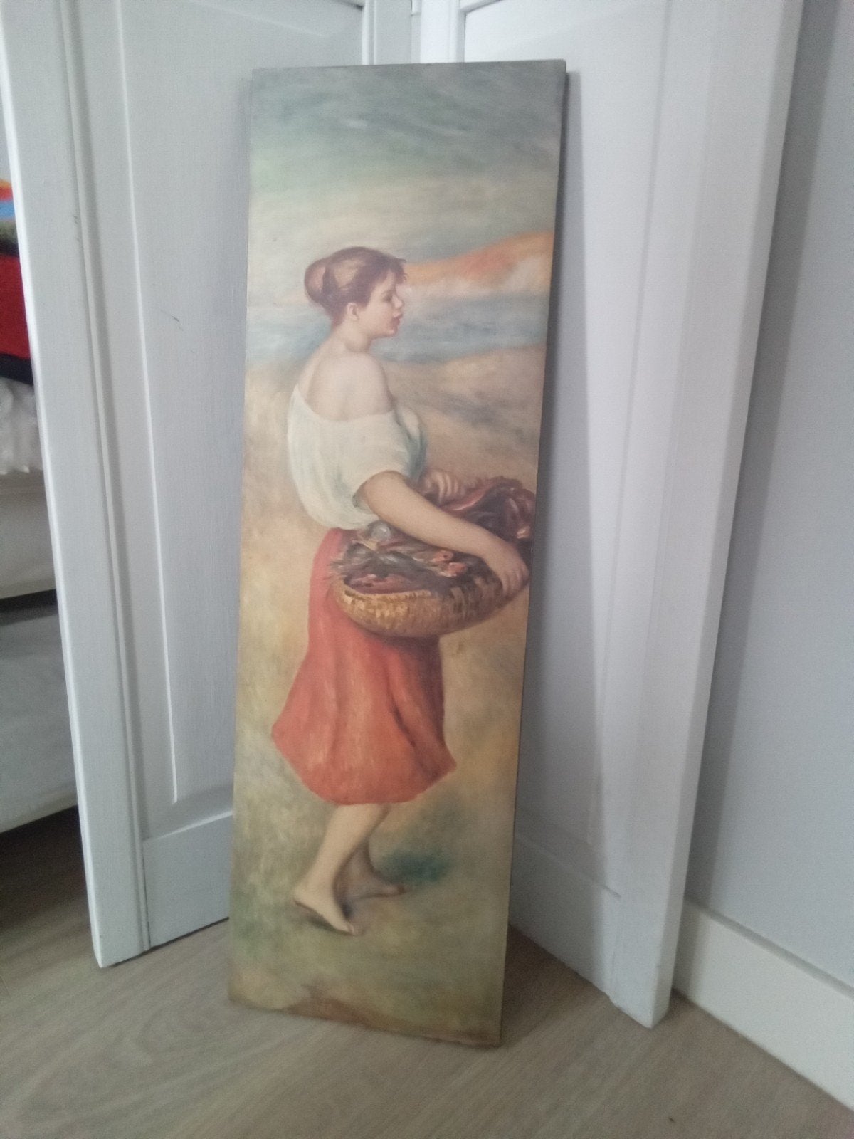 Mooie reproductie van auguste renoir,meisje met vis, Ophalen of Verzenden, Zo goed als nieuw, 50 tot 75 cm, Schilderij