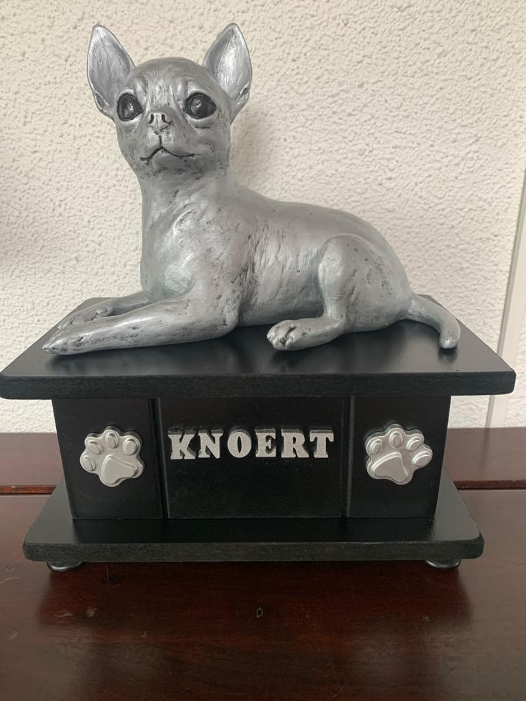 Chihuahua korthaar beeld met kistje als urnen set te koop, Dieren en Toebehoren, Ophalen of Verzenden, Nieuw