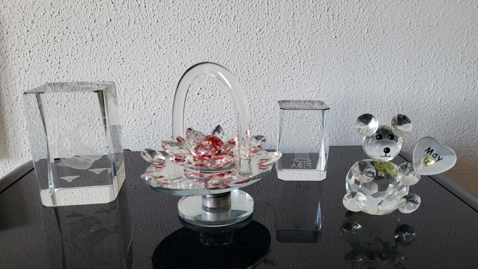 4 glazen figuurtjes beertje, mandje, dolfijnen en Pisa, Ophalen of Verzenden