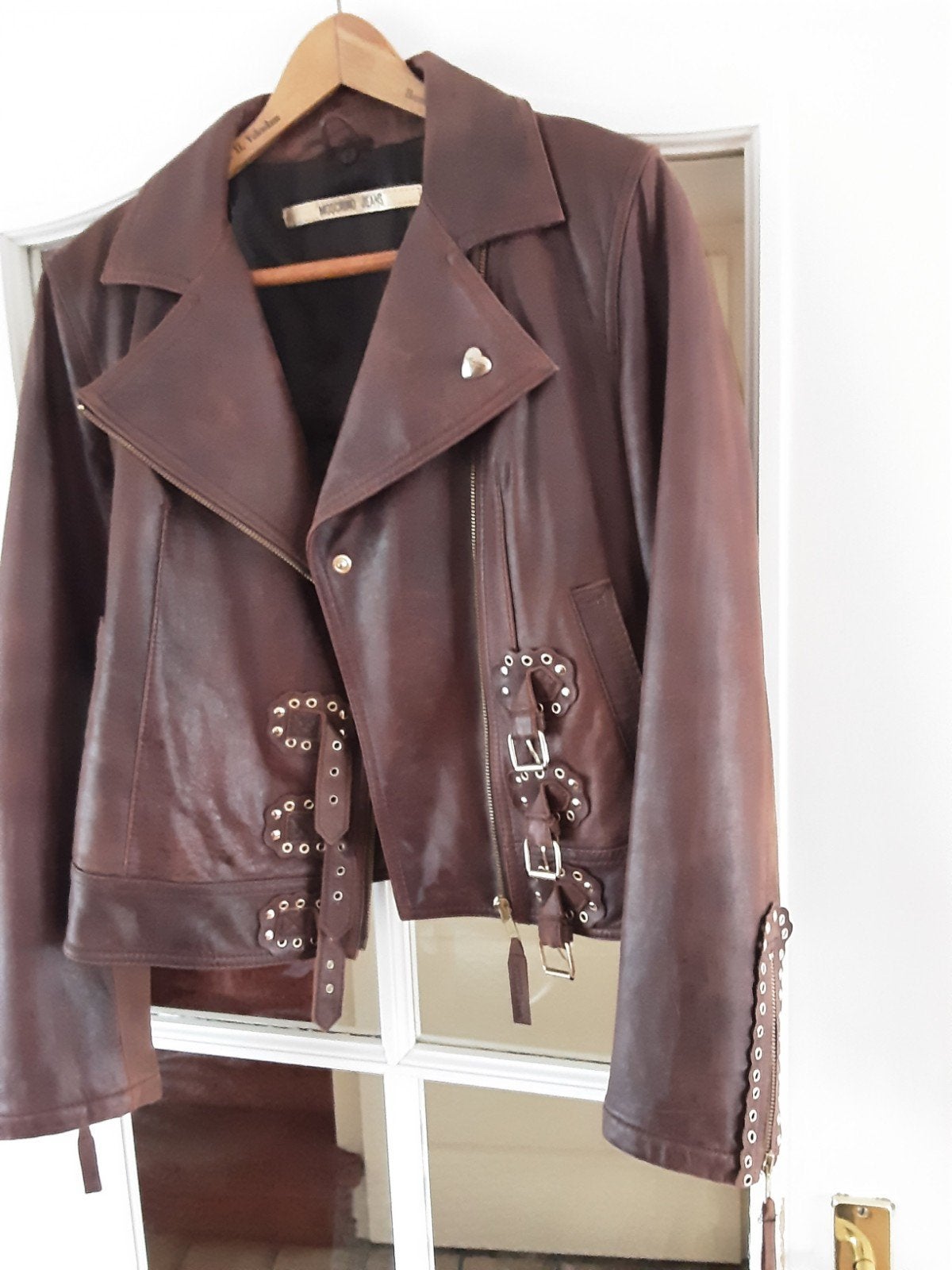 Moschino  Leren Bikerjack Maat S _M, Maat 38/40 (M), Bruin, Ophalen of Verzenden, Zo goed als nieuw