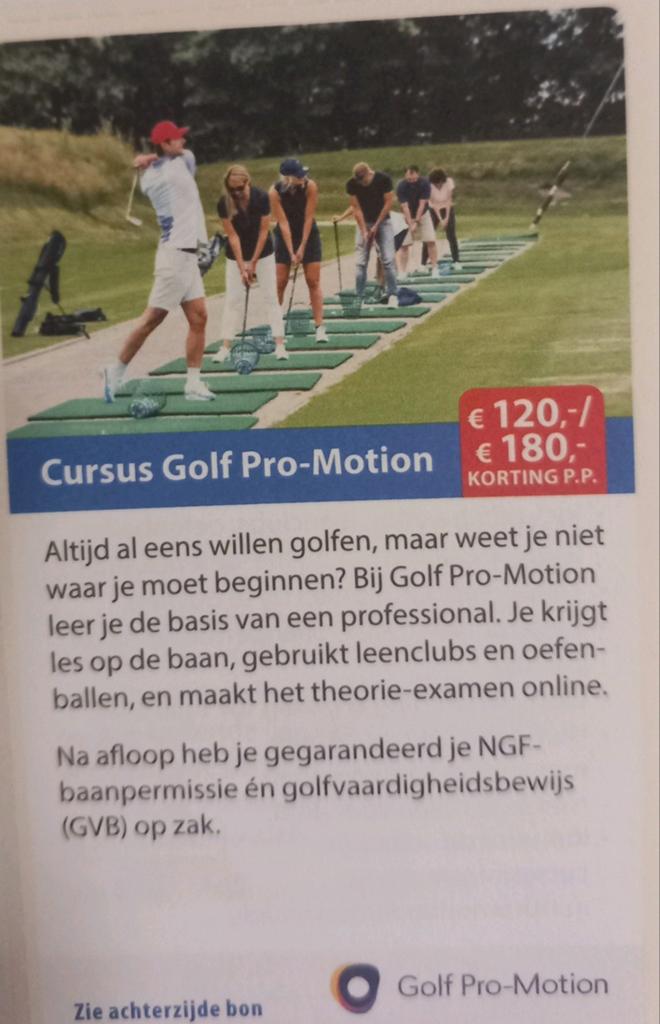 Golf cursus pro motion twv 120 of 180 euro korting, Sport en Fitness, Ophalen of Verzenden, Nieuw
