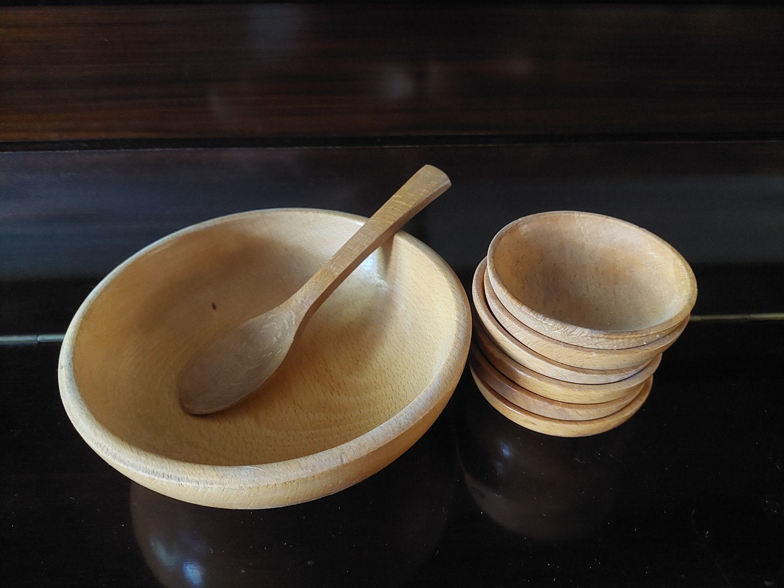 Vintage houten borrel/snack/nootjes setje, compleet, Antiek en Kunst, Ophalen of Verzenden
