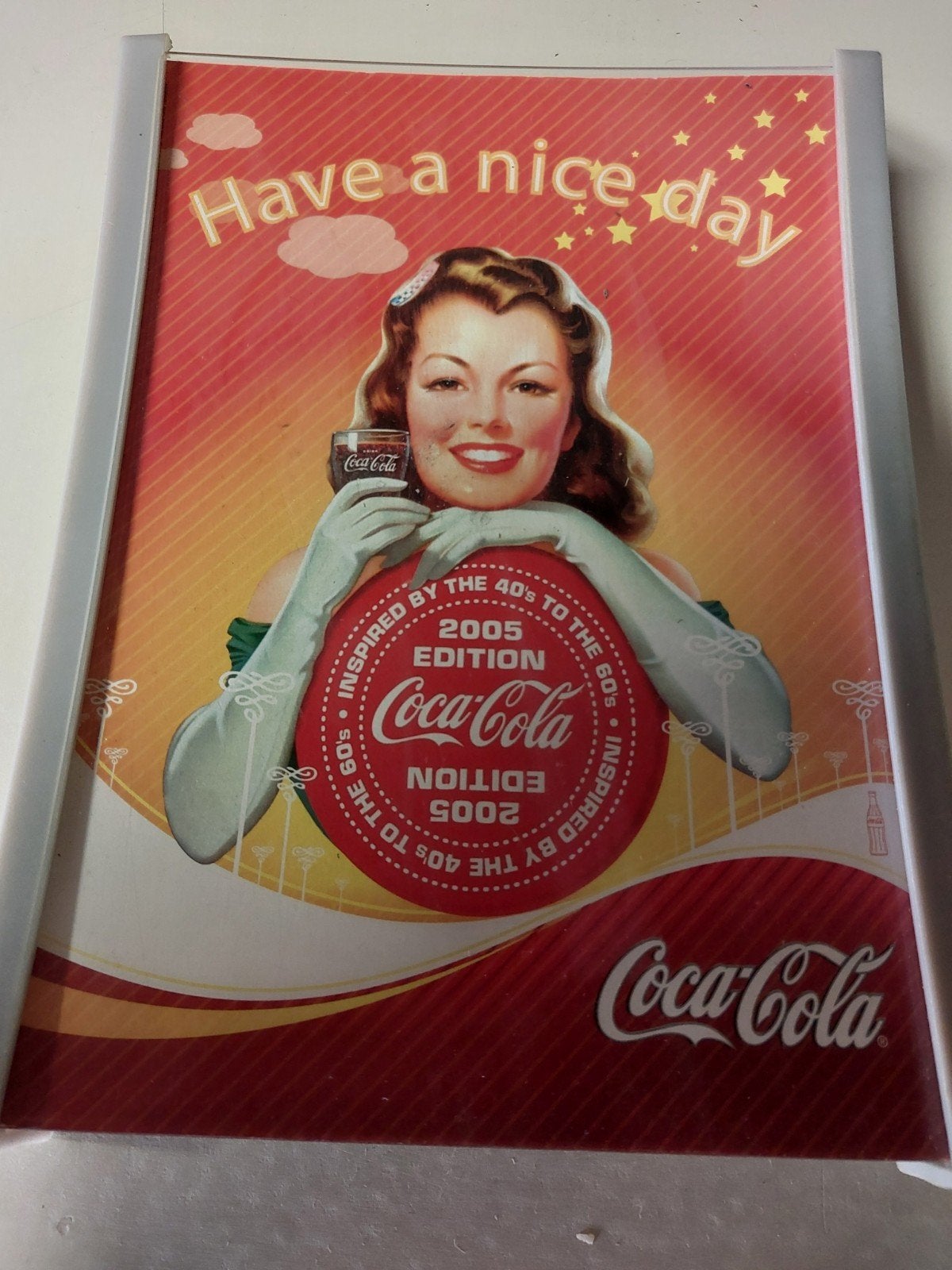 Leuk retro Coca-Cola bordje voor op tafel / bar (2005), Ophalen, Gebruikt, Reclamebord