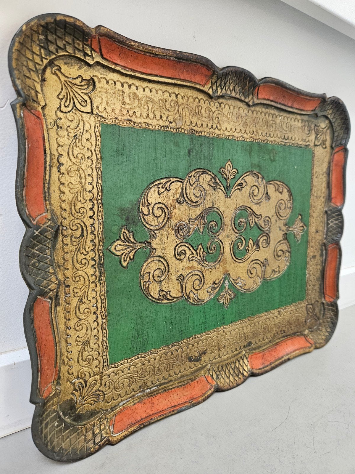 Vintage Florentijns Dienblad Hout goud & Groen/Oranje, Ophalen of Verzenden, Hout