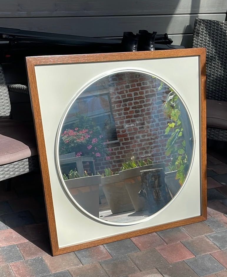 Mid-century vintage wandspiegel van Alfred Hendrickx, Antiek en Kunst, Ophalen, Hout, Wanddecoratie, Gemerkt