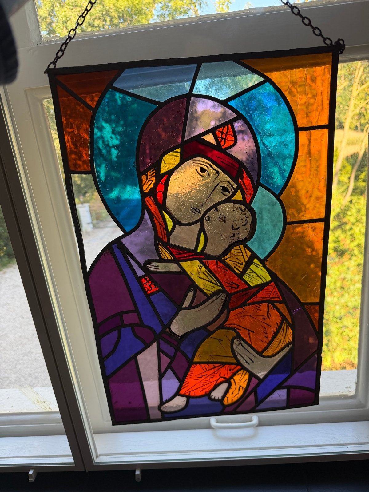 Glas in lood Maria met Jezus, jaren '70, Ophalen