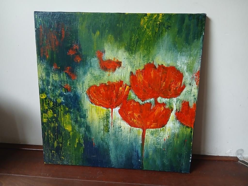 Abstract Schilderij met Rode Bloemen - Acryl op Canvas, Ophalen of Verzenden
