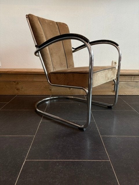 2 Gispen 412S fauteuils, chroom, nieuwe zandkleurige ribstof, Design, 75 tot 100 cm, Zo goed als nieuw, Stof