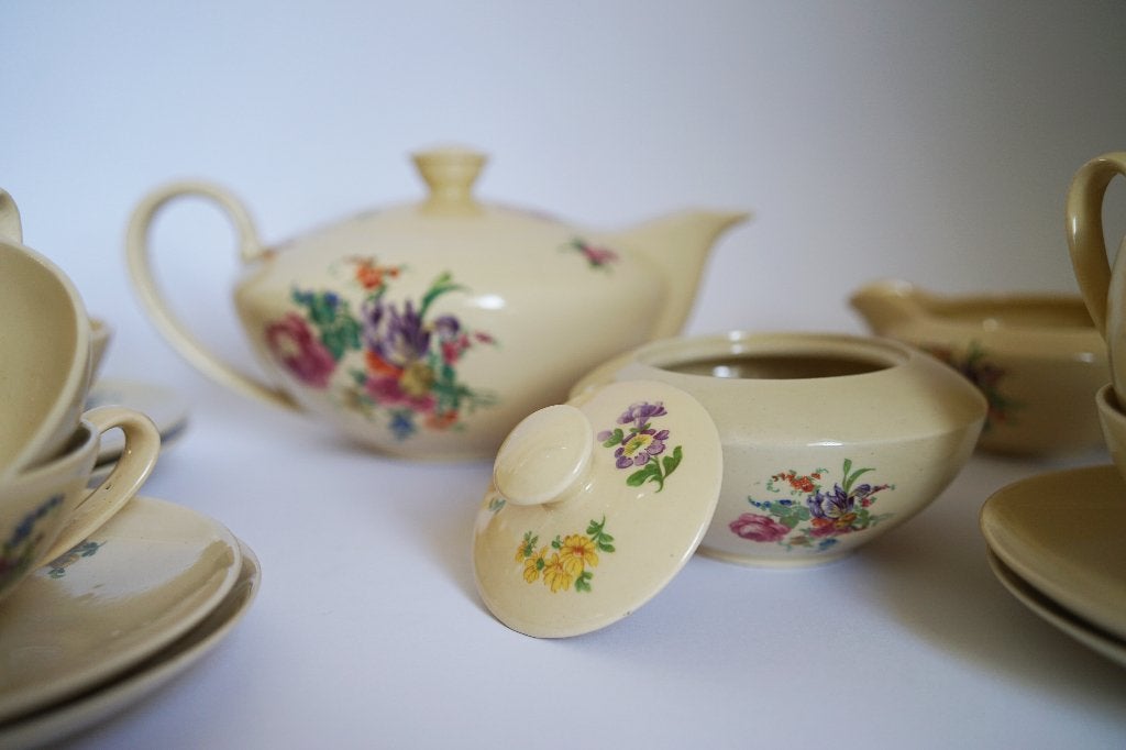 regout theeset compleet theepot 6 kop/schotel bloemen 1941., Antiek en Kunst, Ophalen of Verzenden