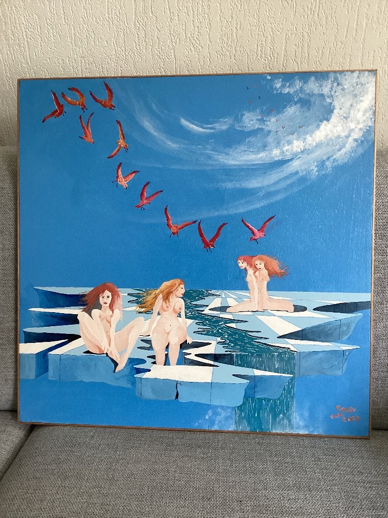 Modern schilderij 'Vrouwen op ijsschotsen' - Martin 2003, Antiek en Kunst, Kunst | Schilderijen | Modern, Ophalen, Hout, Op houten frame