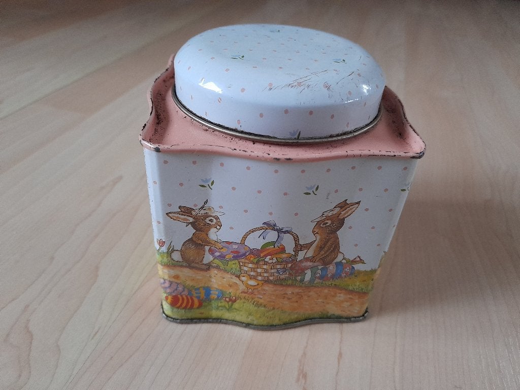 BLIKKEN TROMMEL MET KONIJNTJES EN PAASEIEREN, Ophalen of Verzenden, Zo goed als nieuw