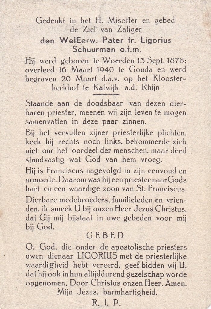 Schuurman Ligorius  1878 Woerden 1940 Gouda priester, Ophalen of Verzenden, Bidprentje