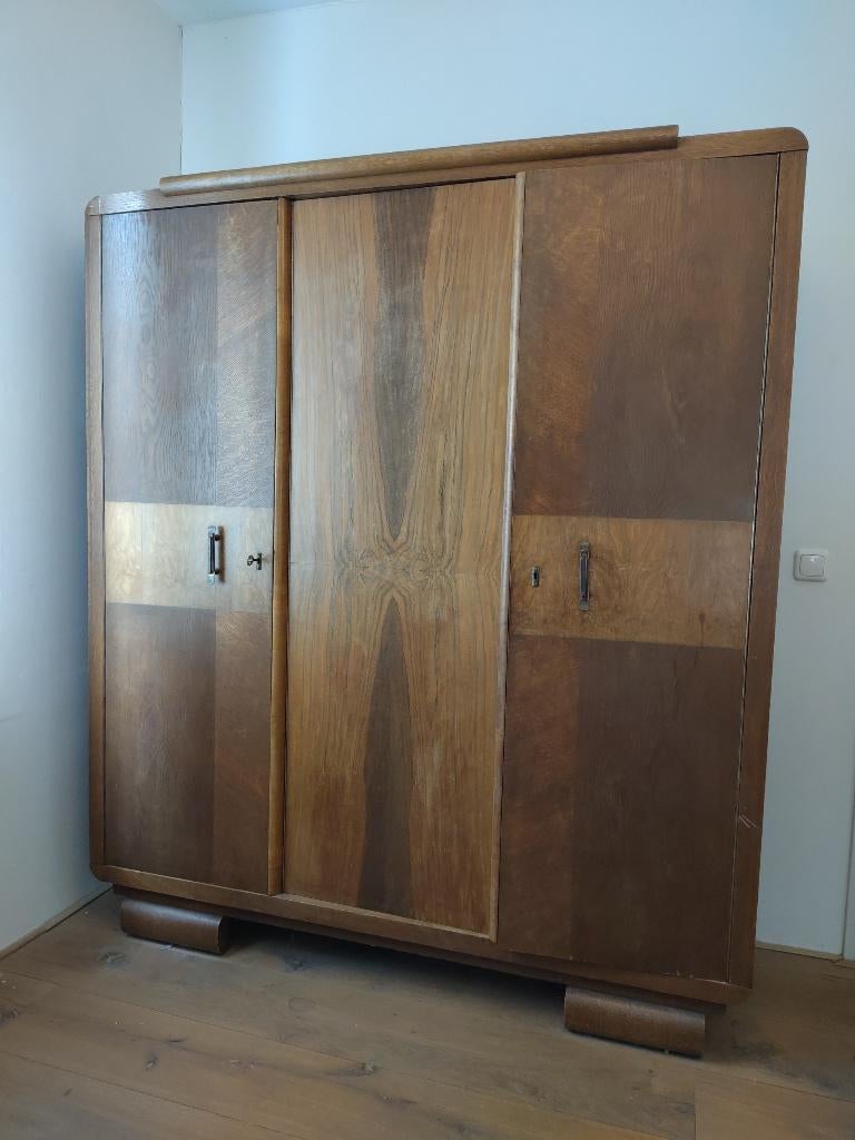 Kledingkast hout vintage brocante linnen met spiegel, Huis en Inrichting, Kasten | Kledingkasten, Ophalen, Met deur(en), Gebruikt