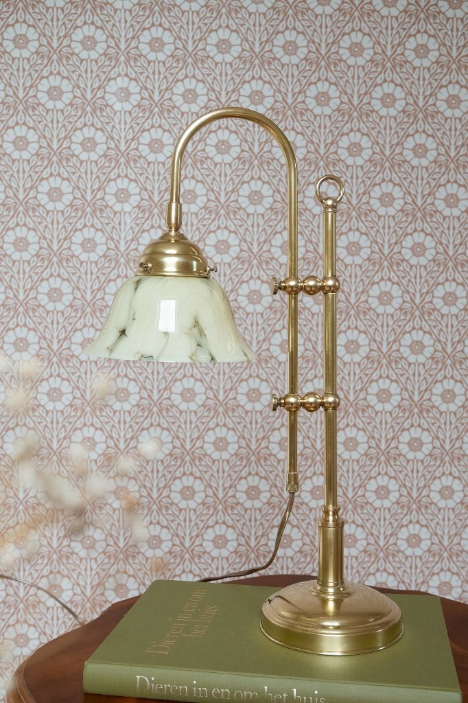 Art Deco Vintage Messing tafellamp gemarmerd melkglas, Ophalen of Verzenden, Zo goed als nieuw, Glas, 50 tot 75 cm