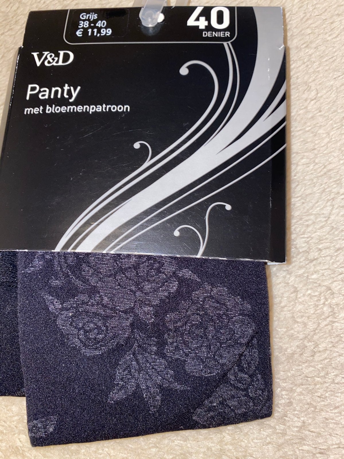 V&D Panty met bloemenpatroon - Grijs, Maat 38-40, 40 Denier, Kleding | Dames, Maat 36/38 (S), Nieuw, Ophalen of Verzenden, Grijs