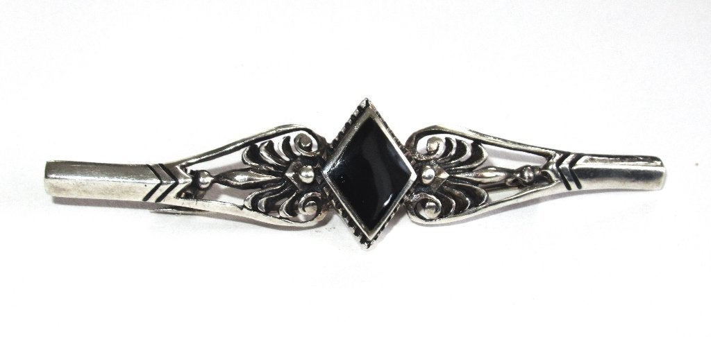 Vintage zilveren 925 pinbroche met zwarte onyx., Ophalen of Verzenden, Zilver, Broche, Met edelsteen