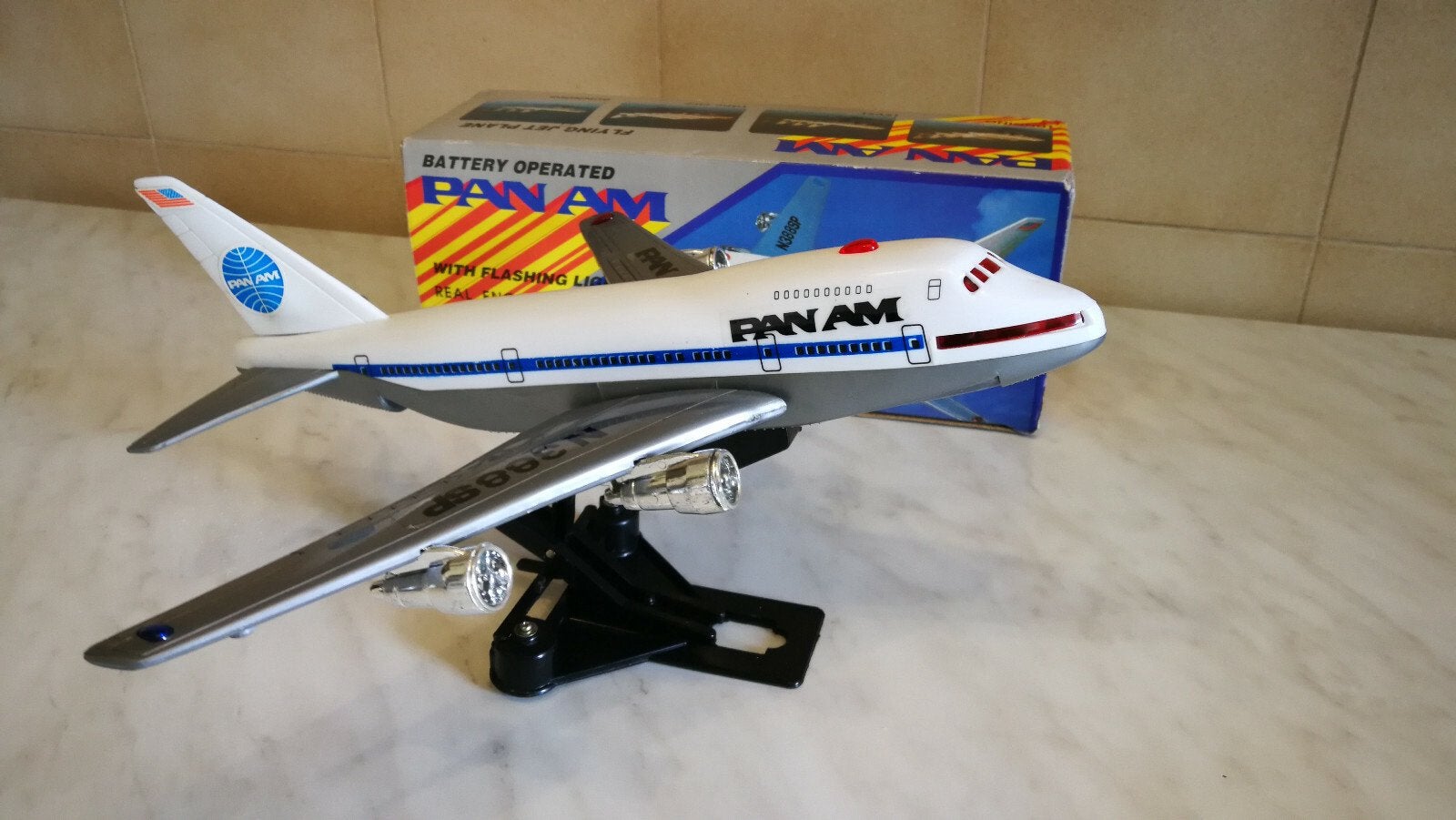 Vintage Pan Am Boeing 747SP speelgoedvliegtuig werkend 1980, Hobby en Vrije tijd, Overige merken, P, P, P
