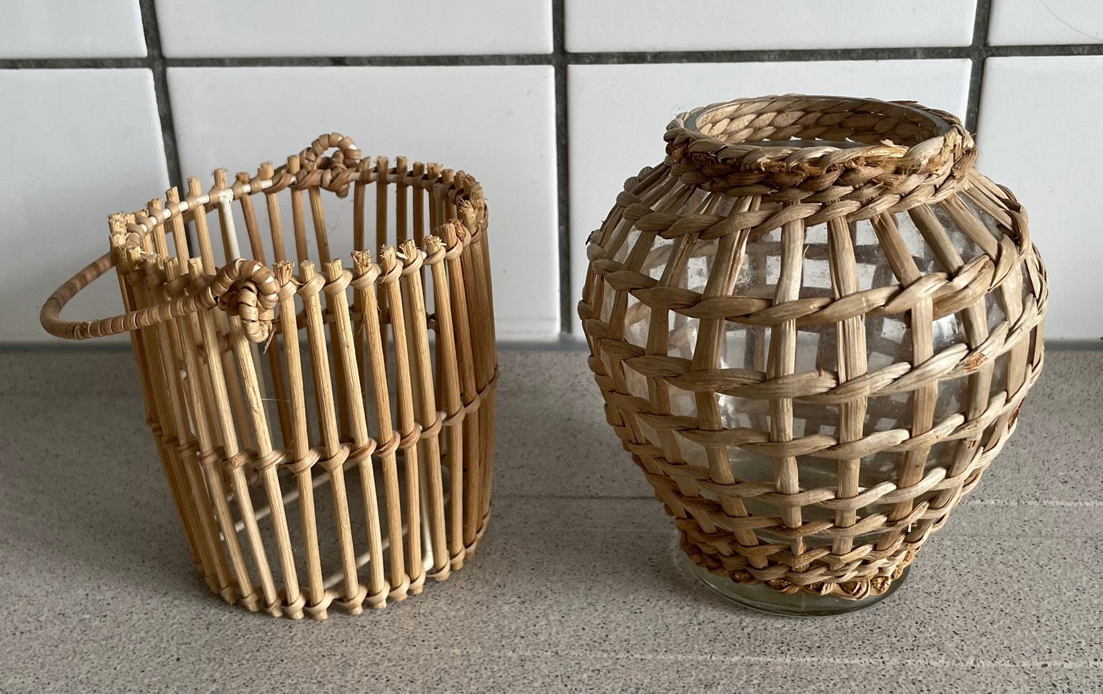 Superleuke set bloempotje en vaas met rotan, Ophalen of Verzenden, Zo goed als nieuw, Overige materialen