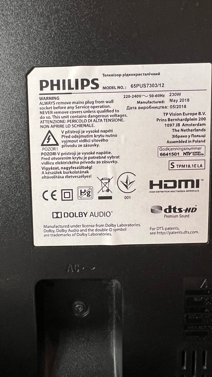 Philips 65PUS7303/12 Smart TV - Scherm defect, Philips, LED, 50 Hz, Ophalen of Verzenden
