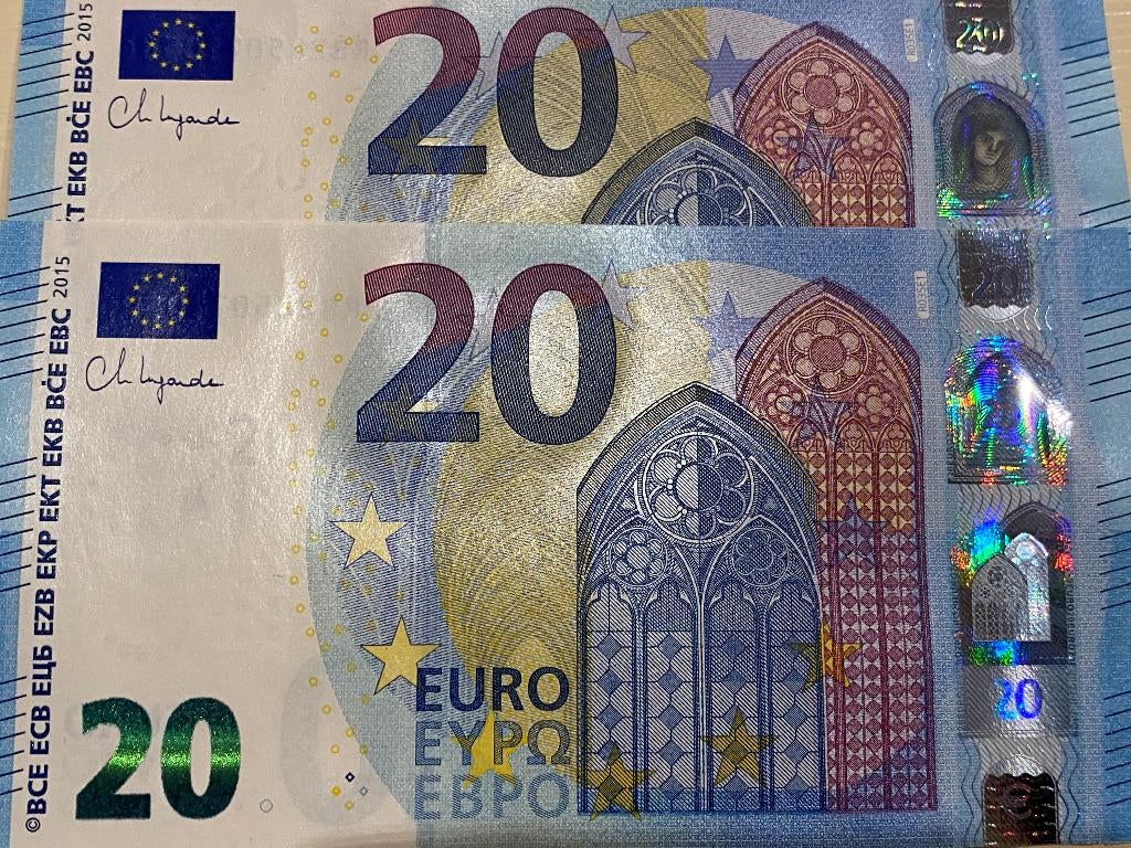 2 UNC biljetten 20 euro Lagarde letter RS opeenvolgende nrs, Postzegels en Munten, Bankbiljetten | Europa | Eurobiljetten, Ophalen of Verzenden