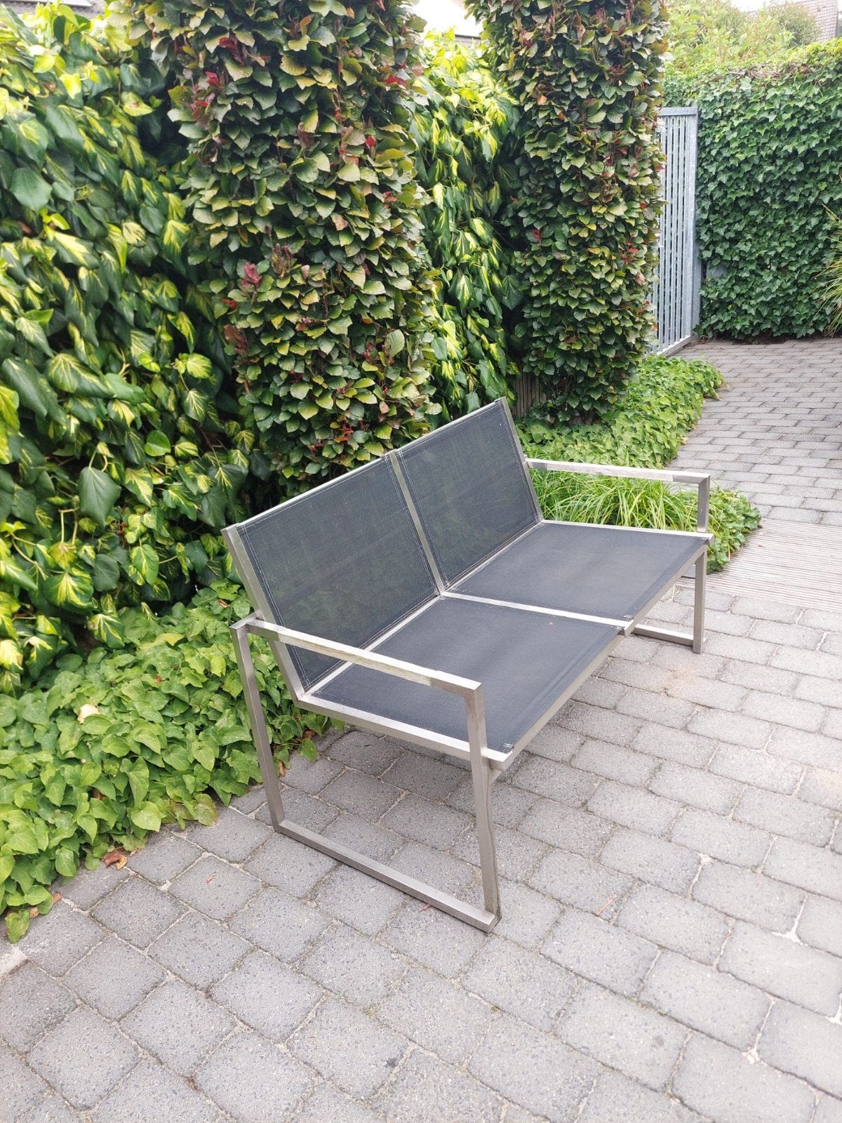 Comfortabele tuinbank en tuinstoelen (RVS en textileen), Tuin en Terras, Ophalen, Gebruikt, Rvs