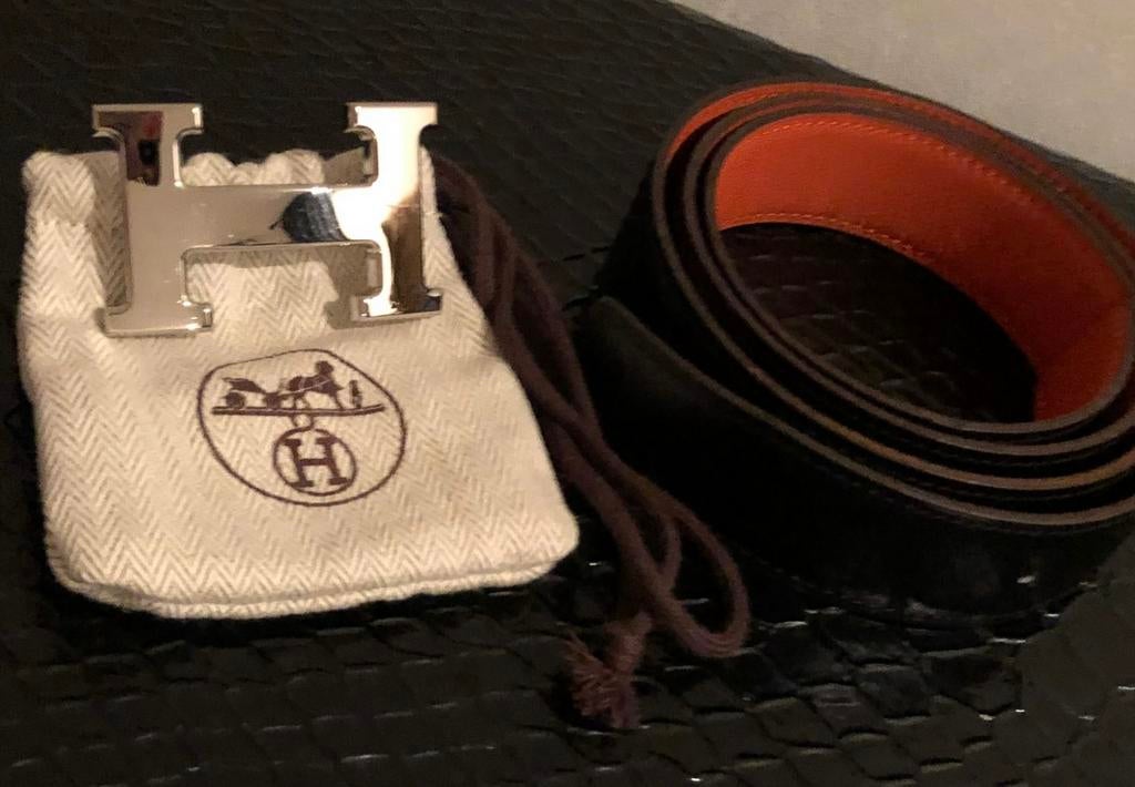 100% Originele • HERMÈS • H Buckle • Oranje/Zwarte riem - 95, Ophalen of Verzenden, 95 tot 105 cm