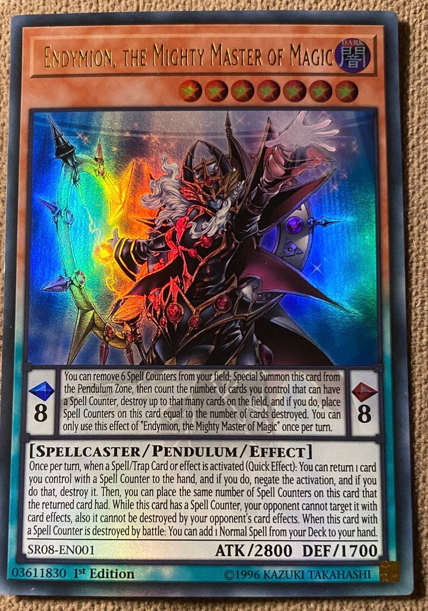 Yu-Gi-Oh! Endymion, The Mighty Master of Magic SR08 1st, Ophalen of Verzenden, Zo goed als nieuw, Losse kaart, Foil