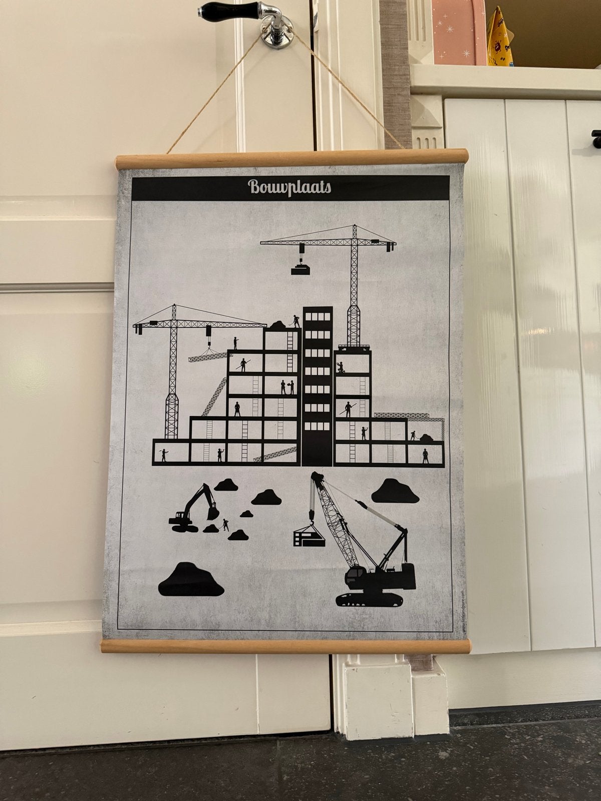 Bouwplaats & Werktuigen Poster - Kinderkamer Decoratie, Wandhanger, Meerkleurig, Textiel, Ophalen of Verzenden