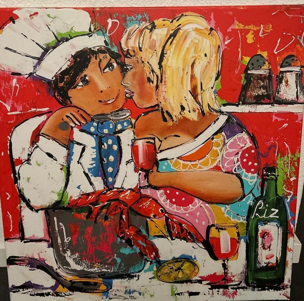 Levendig kunstwerk: Chef-kok, vrouw en kreeft, Ophalen of Verzenden