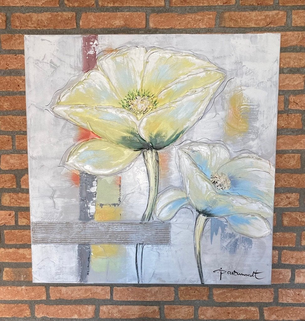 Canvas schilderij bloemen met reliëf accenten 80x80x4, Ophalen, Zo goed als nieuw, Schilderij, 75 tot 100 cm