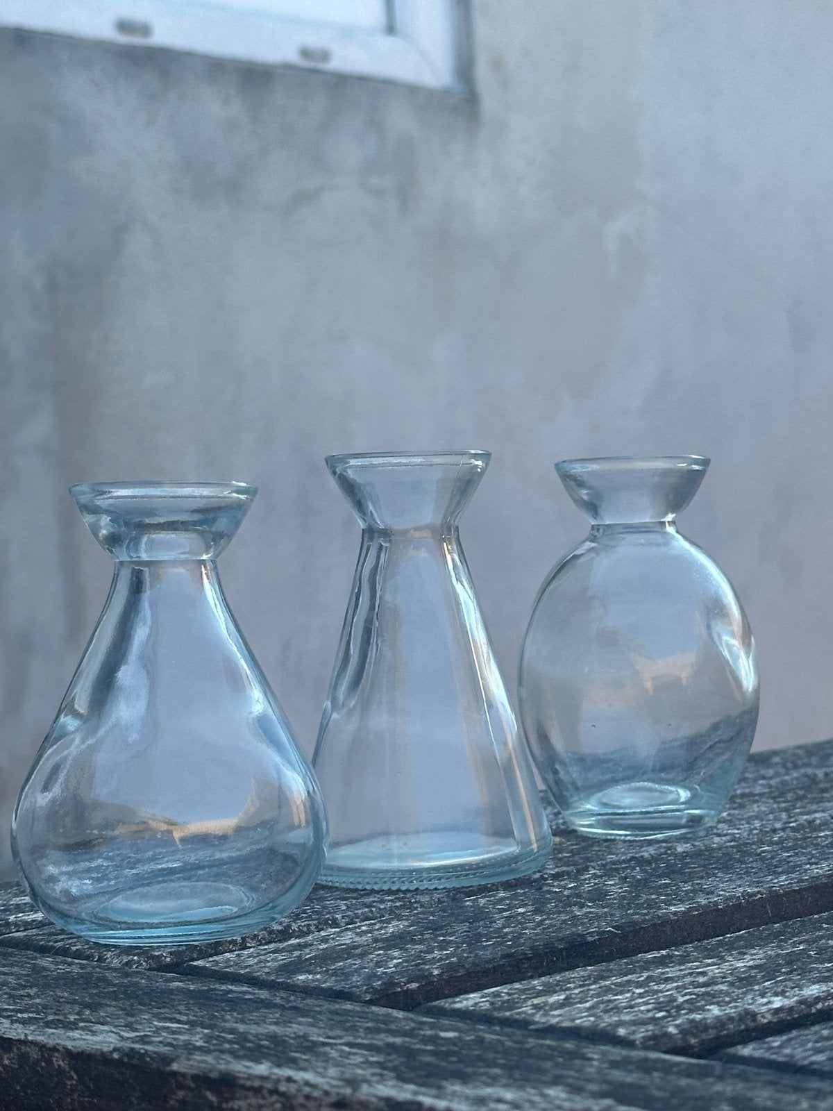 Kleine glazen vaasjes in 3 vormen voor decoratie, Ophalen, Zo goed als nieuw, Transparant, Glas