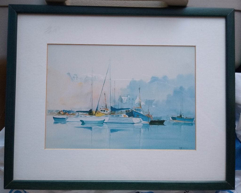Originele Aquarel vissershaven Bretagne EA Kerbiriou 1, Ophalen of Verzenden