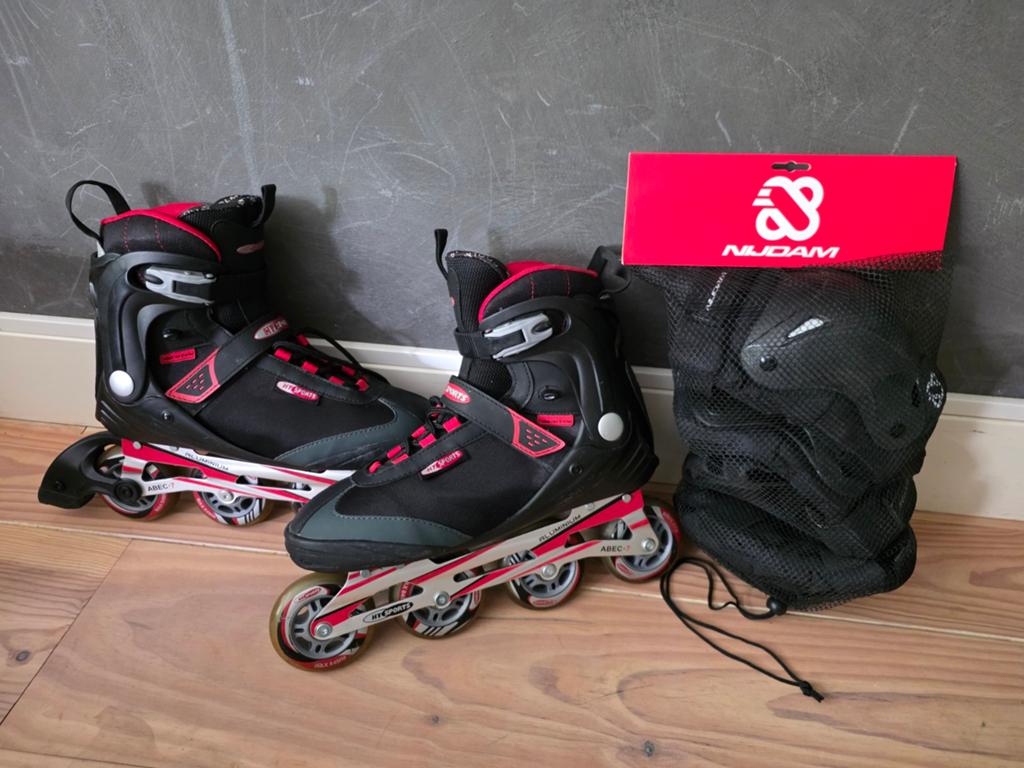 Heren Inline Skates/skeelers Maat 46 met Beschermset L, Sport en Fitness, Skeelers, Zo goed als nieuw, Heren, Ophalen